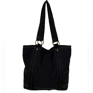 Womens Canvas Utility Tote Bag Purse Black Bronze Hardware Outer Pockets